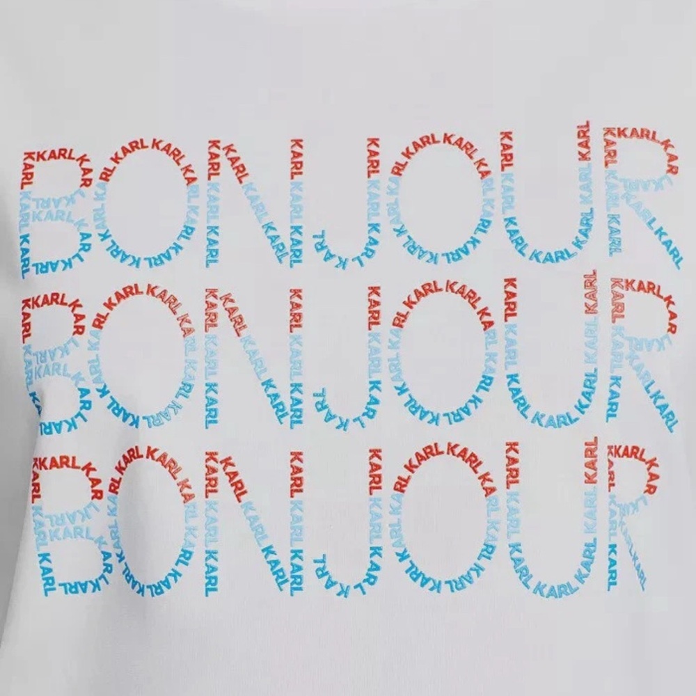 Karl‎ Lagerfeld White Graphic Tee with Bonjour Print, size Medium NWT - Picture 3 of 7